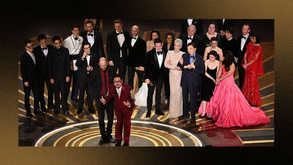 ‘Everything Everywhere All at Once’ Team Accepts Best Picture with Message of Kindness during the Oscars show at the 95th Academy Awards in Hollywood, Los Angeles, California, US, March 12, 2023.