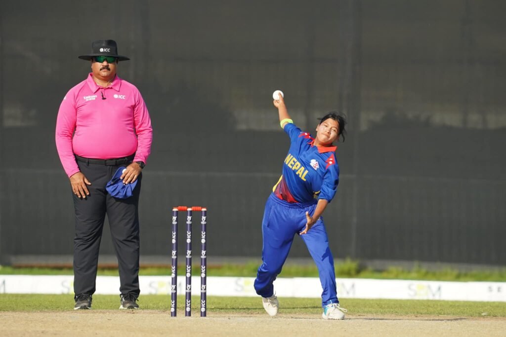 Nepal U19 Women Team Krishma Gurung is brought into the attack. And, she takes three important wickets in the 18th over 🔥