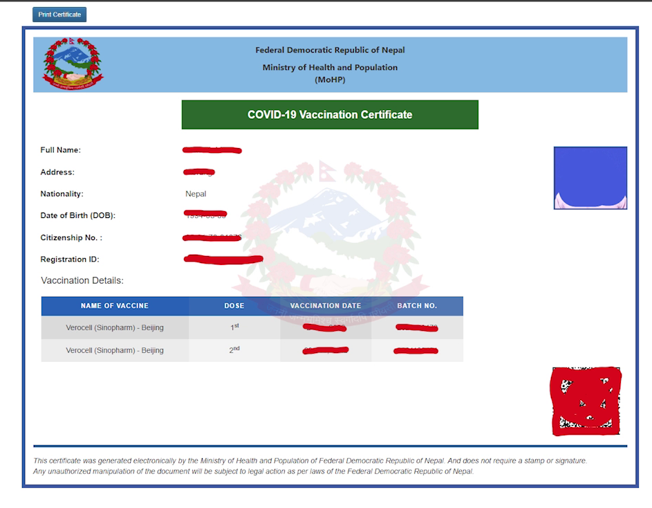 Vaccine MOHP Covid QR Certificate Nepal With Print Cerficiate Option