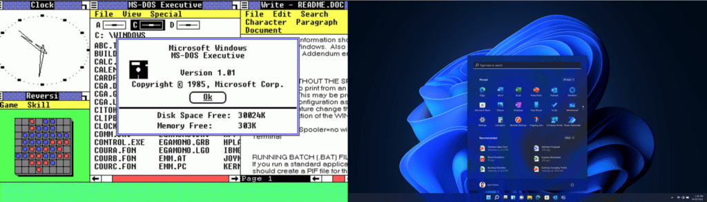 Windows 1.0 (left) and Windows 11 (right)