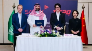 From left, Savvy chief Brian Ward; Prince Faisal bin Bandar, head of the Saudi Esports Federation; VSPO chief Dino Ying; and VSPO chief financial officer Danny Tang, at the signing of the deal in Riyadh