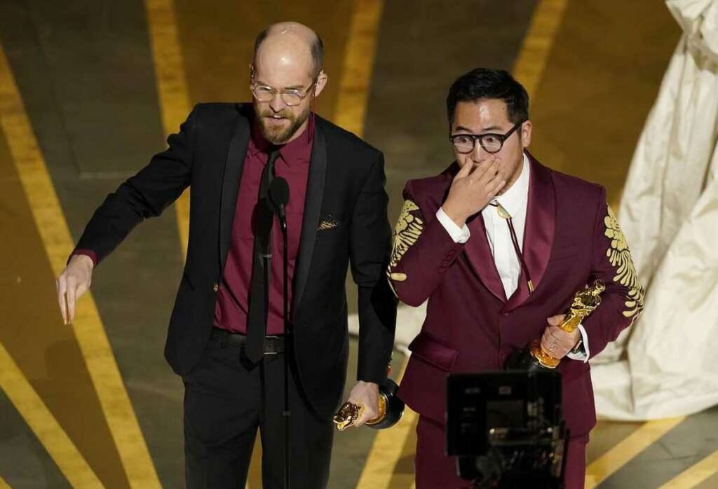 From left: Daniel Kwan and Daniel Scheinert win the Oscar for Best Director for "Everything Everywhere All at Once" during the Oscars show at the 95th Academy Awards in Hollywood, Los Angeles, California, US, March 12, 2023.