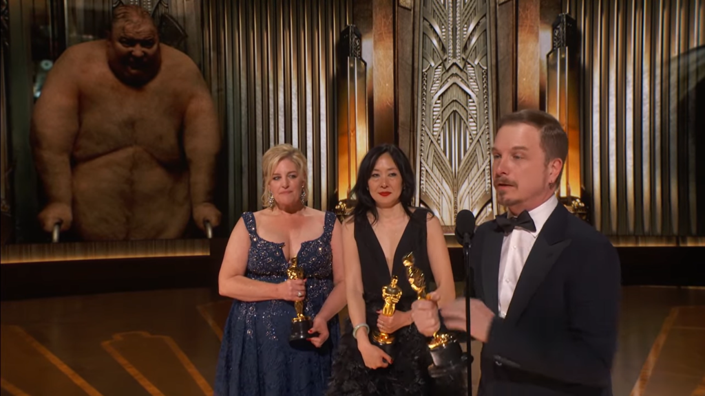 Adrien Morot, Judy Chin, and Anne Marie Bradley accept the Best Makeup and Hairstyling award for "The Whale" onstage during the 95th Annual Academy Awards on Sunday, March 12, 2023, at Dolby Theatre in Hollywood.
