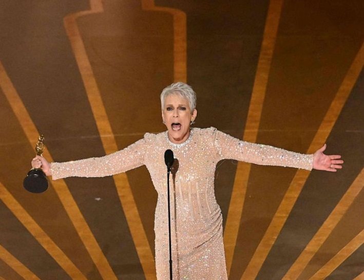 Jamie Lee Curtis wins the Oscar for Best Supporting Actress for "Everything Everywhere All at Once" during the Oscars show at the 95th Academy Awards in Hollywood, Los Angeles, California, US, March 12, 2023.