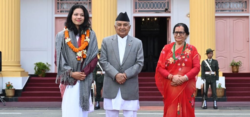 Palesha Goverdhan (Left) with President of Nepal - Ram Chandra Paudel (Middle)