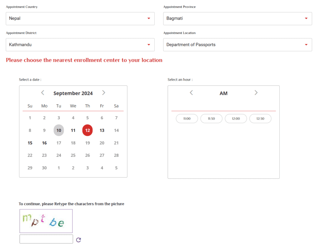 Apply passport online in nepal, the option to select the appointment date